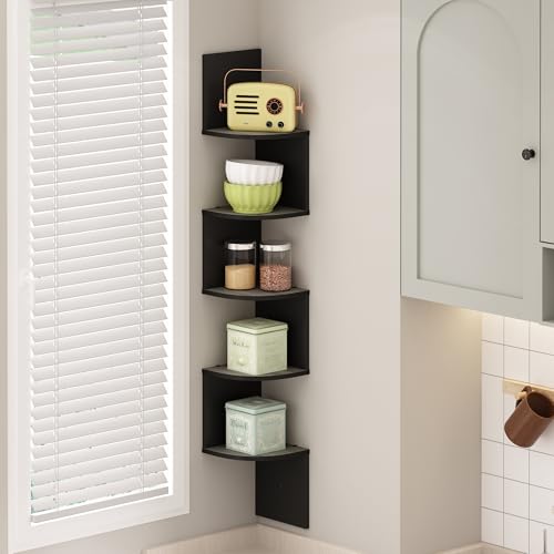 Furinno Rossi 5-Tier Floating Corner Shelf for Wall, Corner Zigzag Shelf Wall Mounted, Radial Wall Mount Shelves, for Home Office, Living Room, Bedroom, Bathroom, French Oak - color: French Oak/Black
