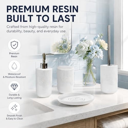 4 pcs Resin Bathroom Accessories Set,Luxury Ribbed Bathroom Decor Set | White bathroom accessory sets with Soap Dispenser, Toothbrush Tumbler, Soap Dish & Toilet Brush Holder, Easy-to-Clean Modern