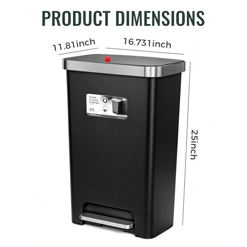 Kitchen Trash Can with lid ,Large 12 Gallon Slim Tall trash Can,Narrow Trash Bin Step-on with Lid, Plastic Black Garbage Can with Stainless Steel Rim for Bathroom,Living room,Bedroom,Yard,Garden