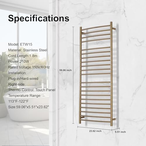 Electric Towel Warmer - Wall Mounted Bathroom Heated Towel Rack, Plug-in Design & Brushed Stainless Steel Finish Gold 21 Bar - color: Gold With Single Press, size: 21 Bar