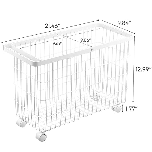 Yamazaki Home Rolling Laundry Basket, Short, Wheeled Hamper, Steel, White | Small metal laundry hamper cart features smooth-rolling wheels and a convenient built-in handle. Suits modern home storage. - color: White