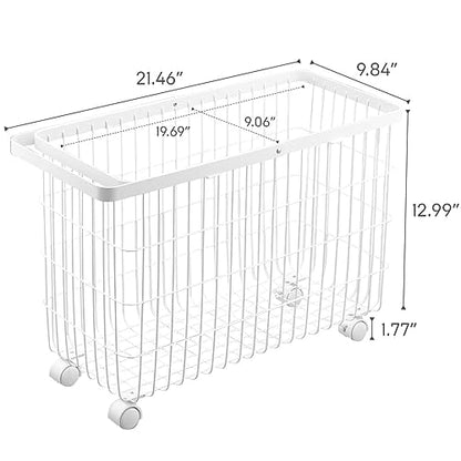 Yamazaki Home Rolling Laundry Basket, Short, Wheeled Hamper, Steel, White | Small metal laundry hamper cart features smooth-rolling wheels and a convenient built-in handle. Suits modern home storage. - color: White