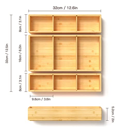 DUJEN Bamboo Drawer Organizer 12.5'' X 12.5'' X 2'', Adjustable 3 Individual Junk Drawer organizer for Bathroom and Kitchen, Wood Drawer Tea Organier Boxes for Silverware, Make up and Tea Bag - size: 1 piece 12.5X6.2 & 2 pieces 12.5X3.1