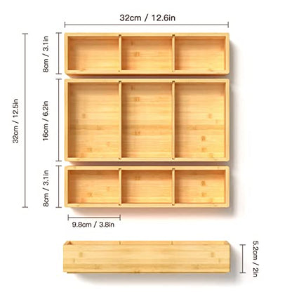 DUJEN Bamboo Drawer Organizer 12.5'' X 12.5'' X 2'', Adjustable 3 Individual Junk Drawer organizer for Bathroom and Kitchen, Wood Drawer Tea Organier Boxes for Silverware, Make up and Tea Bag - size: 1 piece 12.5X6.2 & 2 pieces 12.5X3.1