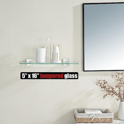 JQK Bathroom Glass Shelf, Floating Tempered Glass Shower Storage 16 by 5 inches, 304 Stainless Steel Brushed Finish Wall Mount 2 Pack, TGS201L16-BN-P2 - color: Brushed Steel, size: 16 Inch(2 Pack)