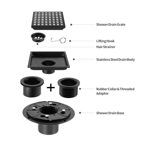 Shower Drain, Matte Black 6 inch Square Shower Floor Drain with Flange, Removeable Grid Panel SUS 304 Stainless Steel Square Shower Drain - color: Matte Black, size: 6 inch