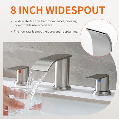 Waterfall Bathroom Faucet 3 Holes, 8 Inch Brushed Nickel Widespread Faucet Bathroom with Pop Up Drain Bathrooms Basin Lavatory Mixer Tap with Deck Mount Plate - color: Brushed Nickel, size: 8 Inch