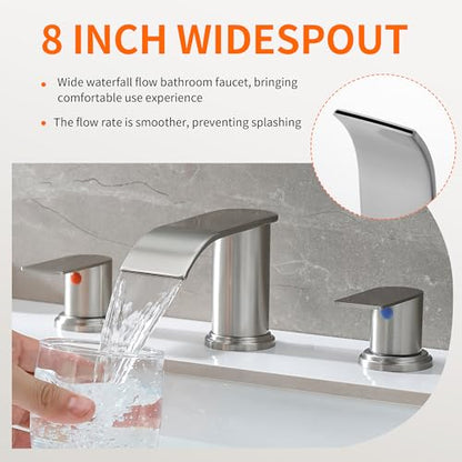 Waterfall Bathroom Faucet 3 Holes, 8 Inch Brushed Nickel Widespread Faucet Bathroom with Pop Up Drain Bathrooms Basin Lavatory Mixer Tap with Deck Mount Plate - color: Brushed Nickel, size: 8 Inch
