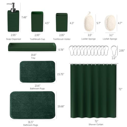 Green Bathroom Set, Dark Green Bathroom Accessories Set with Shower Curtain and No-Slip Bath Rugs, Natural Loofah Sponge, Soap Dispenser, Toothbrush Holder, Bathroom Tumbler and Tray for Bathroom - size: Bath Set+Shower Curtain+Bath Rugs+2PCS Loofah, styl