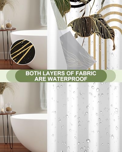 No Hook Boho Shower Curtain with Snap in Liner Set, 71x74 Inch | Double layer Waterproof Bath Curtain with Mesh Top, Tropical Botanical Leaf & Geometric Print for Mid Century Modern Bathroom - color: Boho-2