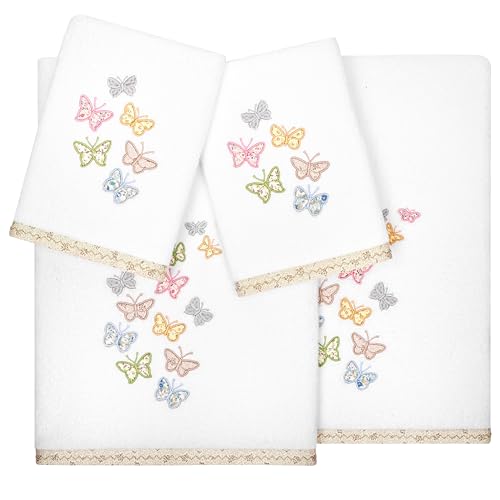 Frolic 4-Piece Luxury Towel Set, Calico Applique, Soft & Durable Turkish Cotton, Elegant Bathroom Ensemble, 2 Bath 2 Hand Towels, White - color: White, size: 2 Pcs Bath 2 Pcs Hand Towel