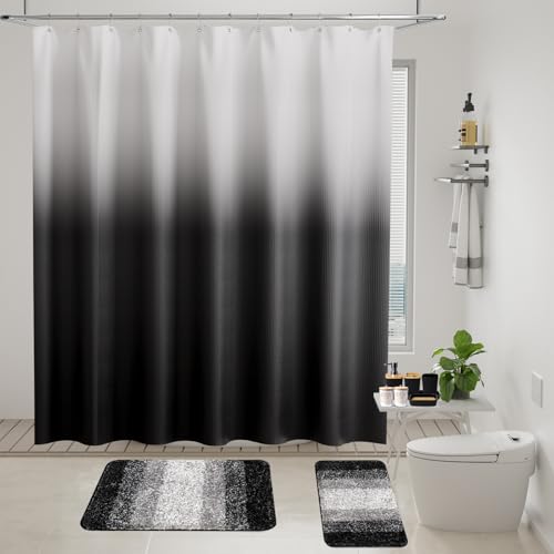 XLHOMO Black Bathroom Accessories Set with Wicker Trash Can Shower Curtain and Rugs,Bathroom Sets Small Waste Basket Bathroom Trash Can for Bedroom Bathroom - size: Wicker Bathroom Set+Shower Curtain+Bath Rugs, style: Black