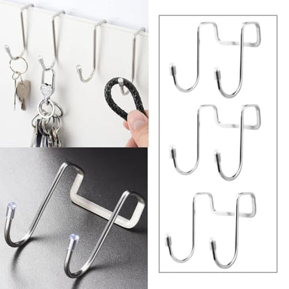 4 Pack Shower Door Hooks Stainless Steel Double Hooks Towel Hook Bathroom Squeegee Holder Over Glass Door Hook for Bathroom Semi-Frameless Sliding Shower Door Soap Saver Bag Pouch