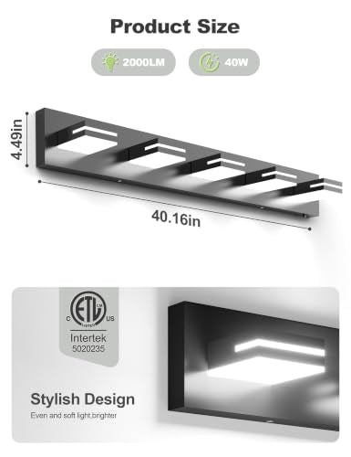 VOLISUN Modern 5-Light, 40-Inch Black Bathroom Vanity Light Fixtures, 360 Rotatable Head, LED Vanity Lights for Bathroom - color: Matte Black-6000K, size: 40-Inch
