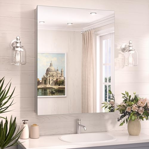 TokeShimi 24x32 Mirrored Medicine Cabinet Recessed or Wall Mount, Aluminum Tempered Silver Bathroom Medicine Cabinet with Mirror with Stepless Adjustable Storage Metal for Modern Farmhouse - color: Silver, size: 24x32 in