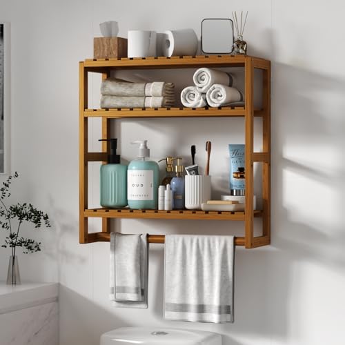 Galood Over The Toilet Storage Bathroom Shelves Wall Mounted 3 Tier Brown | Space Saver Corner Shelf Organizer Bamboo Towel Rack Toilet Paper Cabinet with Hanging Rod - color: Brown 1pack, size: Standard