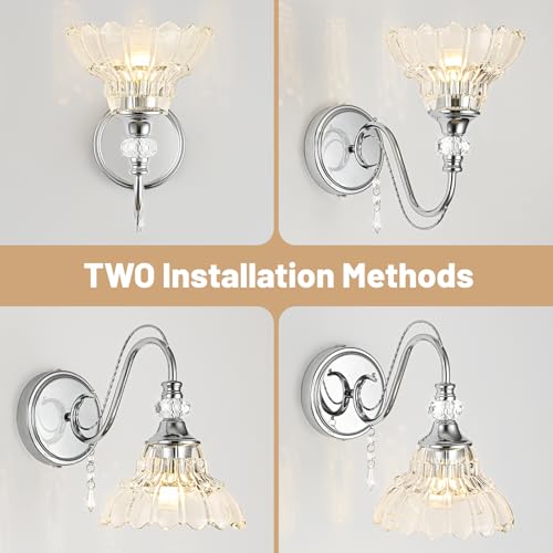1 Piece Brushed Chrome Finish Wall Sconce, 1-Light Modern Wall Sconce with Hanging Crystal Accents and Flower-Shaped Clear Shades for Bathroom Bedroom Living Room,Modern Vanity Light - color: Chrome, size: 1-Light
