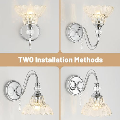 1 Piece Brushed Chrome Finish Wall Sconce, 1-Light Modern Wall Sconce with Hanging Crystal Accents and Flower-Shaped Clear Shades for Bathroom Bedroom Living Room,Modern Vanity Light - color: Chrome, size: 1-Light