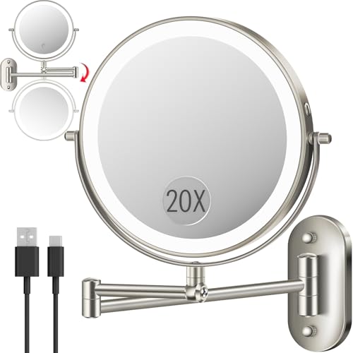 20X 9" Wall Mounted Magnifying Makeup Mirror with Light Height Adjustable | 5000mAh Double Sided Rechargeable LED Lighted Vanity Mirror with Magnification 3 Color Light up Extended Arm 360 Rotation - color: 9inches-brushed Nickel