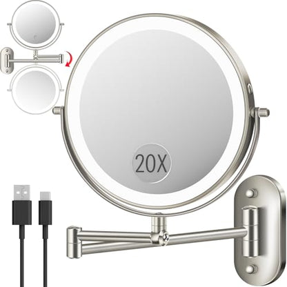 20X 9" Wall Mounted Magnifying Makeup Mirror with Light Height Adjustable | 5000mAh Double Sided Rechargeable LED Lighted Vanity Mirror with Magnification 3 Color Light up Extended Arm 360 Rotation - color: 9inches-brushed Nickel