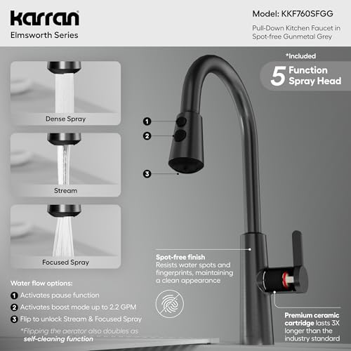Karran Elmsworth Commercial Style Pull-Down Kitchen Faucet with Dual Interchangeable Spray Heads 5-Function Revolve MAX & 3-Function Revolve Mini Aerator High-Arc Spout (Spot Free Gunmetal Grey) - color: Spot Free Gunmetal Grey