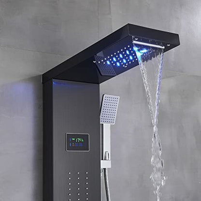 LED Light Shower Panel Tower Rainfall Waterfall Shower Head with Massager Jets Body System Jet Black B (Color : Black B) - color: Black B