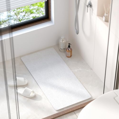 HITSLAM Bathtub Mat Non Slip, 35 x 16 Inch Long Soft PVC Loofah Shower Mat, Bath Mat for Tub Without Suction Cups, Quick Drying Bath Tub Mat for Shower and Bathroom, Easy to Clean, White - color: White