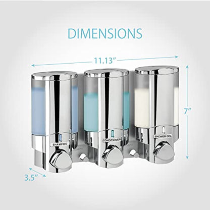 Better Living Aviva Shower Dispenser 3 Chamber,Wall Mount Shower Soap Pump Dispenser for Bathroom Hotel Body Wash,Built-in Hooks,No Drill,Waterproof Shampoo SoapDispenser 3 x 11 oz,Chrome (Pack of 6) - size: (Pack of 6)