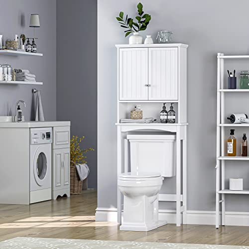 UTEX Over the Toilet Storage Cabinet with Doors, Adjustable Shelf, White | Raised-Panel Doors, Adjustable Interior Shelf, Open Storage, Anti-Tip Device, 33-Inch Clearance, FSC-Certified Wood