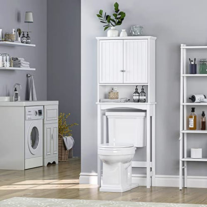 UTEX Over the Toilet Storage Cabinet with Doors, Adjustable Shelf, White | Raised-Panel Doors, Adjustable Interior Shelf, Open Storage, Anti-Tip Device, 33-Inch Clearance, FSC-Certified Wood