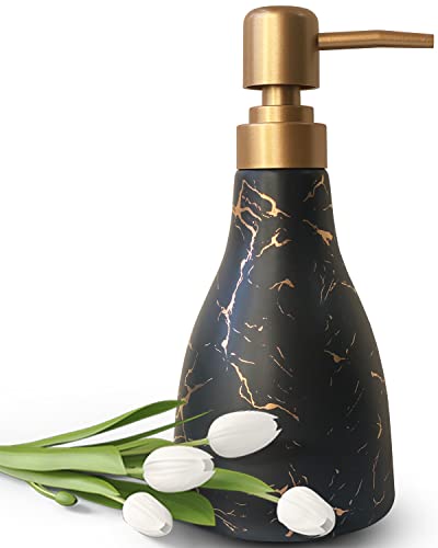 Ceramic Soap Dispenser with Marble Pattern - Black Dispenser for Bathroom and Kitchen - Liquid Hand Soap Pump Bottle - color: Black Marble Cone Bottle