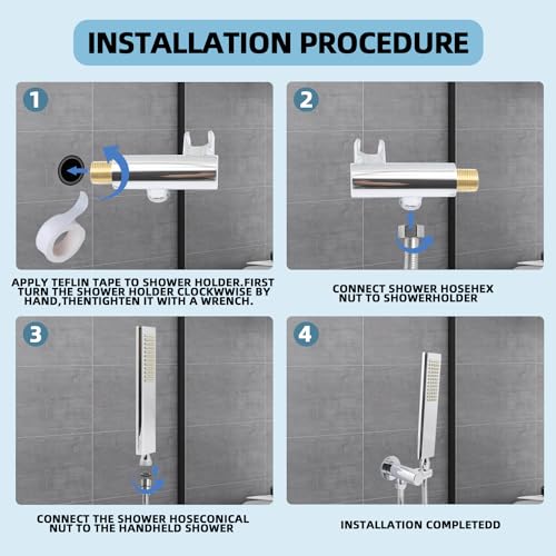Solid Brass Handheld Shower Head Arc Design High Pressure Polished Chrome Hand Shower Wand with Adjustable Supply Elbow Wall Connector Shower Holder and 59″ Stainless Steel Hose Set - color: Polished Chrome