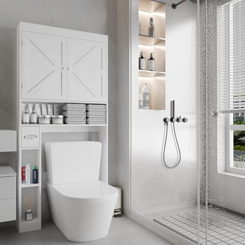 Gecheer Over-The-Toilet Storage Cabinet, 2 Door Bathroom Shelf with Open Display, Farmhouse Style MDF and Particle Board Organizer for Small Bathrooms, Laundry Rooms