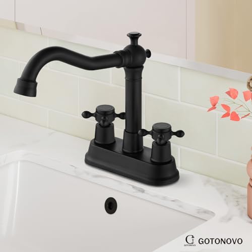 gotonovo 4 Inch Centerset Bathroom Faucet 2 Cross Handles Deck Mount 2 Hole Lavatory Vanity Utility Mixer Tap with Water Supply Hoses and Pop Up Drain RV Farmhouse, Matte Black - color: Matte Black
