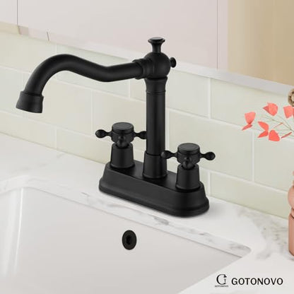 gotonovo 4 Inch Centerset Bathroom Faucet 2 Cross Handles Deck Mount 2 Hole Lavatory Vanity Utility Mixer Tap with Water Supply Hoses and Pop Up Drain RV Farmhouse, Matte Black - color: Matte Black