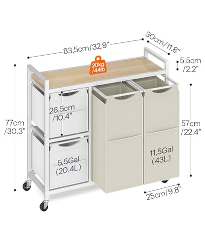 HOOBRO Laundry Sorter with 4 Section, 34 Gal. (127 L) Laundry Hamper with Wheels, Rolling Laundry Basket with Shelves, Pull-Out Detachable Bags, Side Pockets, White, Natural and Beige WNE14XY01N1 - color: White + Natural + Beige