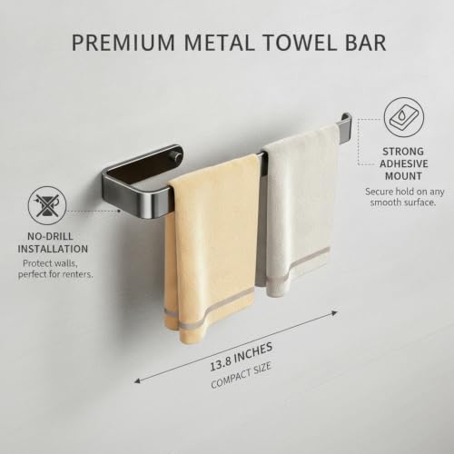 Towel Bar, 13.8-Inch Adhesive Metal Bathroom Rack with No-Drill Mount for Smooth Walls, Hole-Free Installation (1 Piece) - color: Black