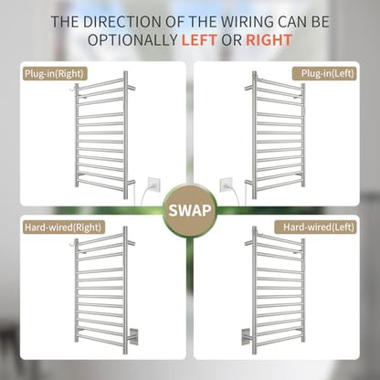 12-Bar Brushed Wall-Mounted Towel Warmer, Plug/Hardwired, 3 Timers | 12 Bars, can be surface-mounted or flush-mounted, with wiring/cable exit available on either the right or left side - color: Brushed