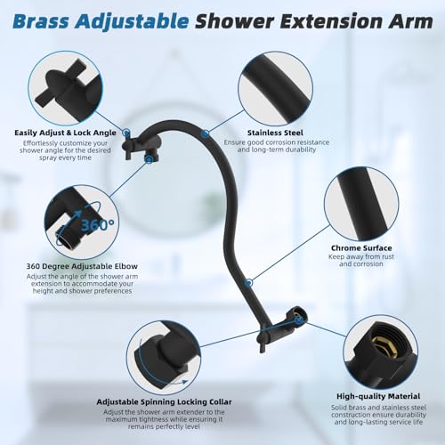 Hibbent 13'' Rain Shower Head with 12'' Shower Extension Arm, Matte Black | High Pressure 5 Modes Rainfall Shower Head with Solid Brass Adjustable Shower Arm Extender, Waterfall fixed Square Showerhead - color: Matte Black