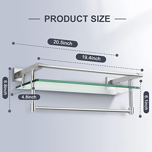 Glass Bathroom Shelf with Towel Bar, Stainless Steel Tempered Towel bar/Track Glass Bathroom Shelves Wall Mount Over The Toilet (Brushed Nickel, 20-inch) - color: Brushed Nickel, size: 20-inch with Railing