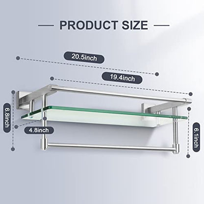 Glass Bathroom Shelf with Towel Bar, Stainless Steel Tempered Towel bar/Track Glass Bathroom Shelves Wall Mount Over The Toilet (Brushed Nickel, 20-inch) - color: Brushed Nickel, size: 20-inch with Railing
