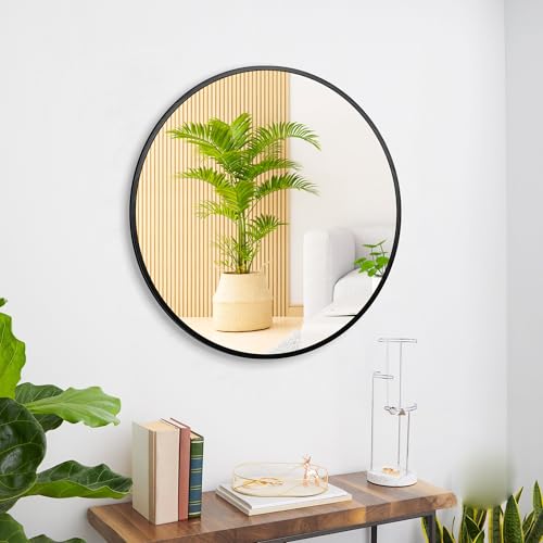 24 Inch Black Tempered Glass Round Mirror,Bathroom Mirror,Metal Frame Vanity Mirror,Circle Wall Mirror for Bathroom Bedroom Living Room Entryways Washrooms - color: Black-round, size: 24"L x 24"W