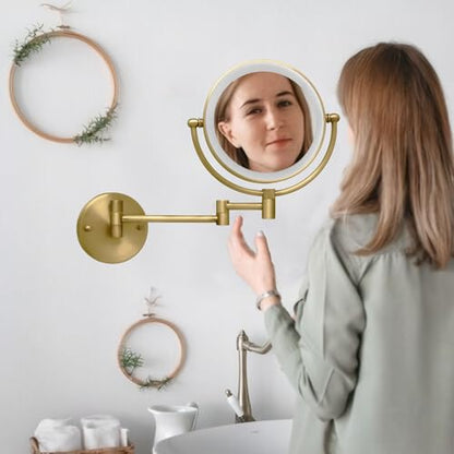 8" Lighted Make up Mirror Wall Mounted 10X Magnifying Hardwired | Double Side 3 Color Lighting Touch Dimming, Bathroom 360 Swivel Extended Arm Light up Vanity Shaving, Brushed Antique Brass - color: Antique Brass