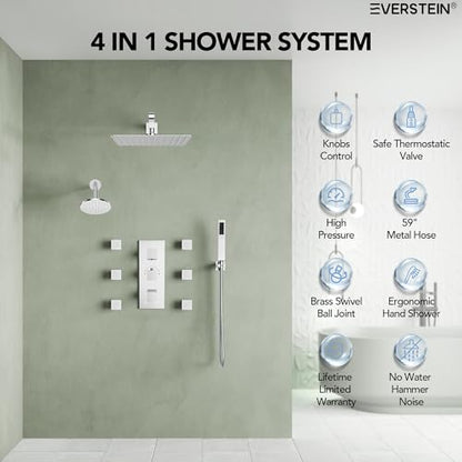 Wall Mount 12" High-Pressure Rainfall Shower Faucet, Dual Rainfall Shower Head System with 6 Body Jets (Polished Chrome) | Wall Mount, High-Pressure, Dual Rainfall Shower Head System, 6 Body Jets - color: Polished Chrome
