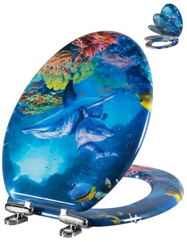 Angol Shiold ELONGATED Soft Close Wood Toilet Seat Blue Ocean Dolphins18.5" | Heavy Duty Quiet and Slow Close Lid and Seat, Quick Release Easy Installation & Clean(Blue Ocean Dolphins) - size: Elongated -18.5"