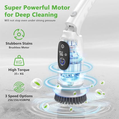 Electric Spin Scrubber, Bathroom Scrubber with Aluminum Alloy Handle | 3H Work Time, Cordless Cleaning Brush with 3-Speed, IPX7 Waterproof, 8 Brush Heads for Tile, Tub, Floor, Toilet, Grout