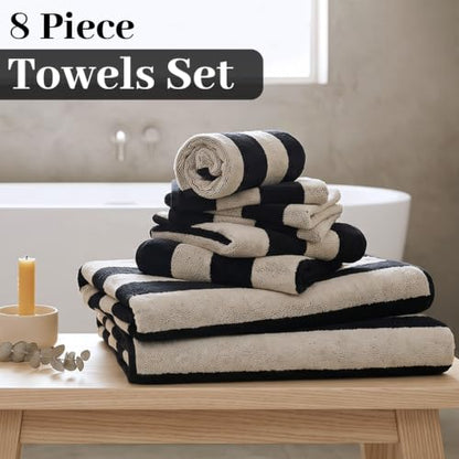 Jacquotha Black Striped Towels Set for Bathroom, 8 Piece Cotton Towels | Soft Quick Dry Towel Set with 2 Bath, 2 Hand, 4 Washcloths, Bathroom Decor & Versatile