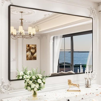 pertetey 60 x 40 in Rounded Rectangle Bathroom Mirror, Black Metal Frame | Black Metal Frame, Rounded Rectangle Design, Tempered Glass, Wall Mounted - size: 60"L x 40"W