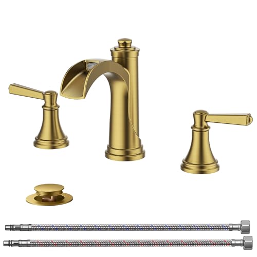 FORIOUS Brushed Gold Bathroom Faucet 3 Hole Widespread, Vanity Faucet Gold | Two Handle Antique Brass Waterfall Bathroom Faucet Gold 3 Hole with Metal Pop Up Drain, Pre-Assembled CUPC Hose and All Tools - color: Brushed Gold
