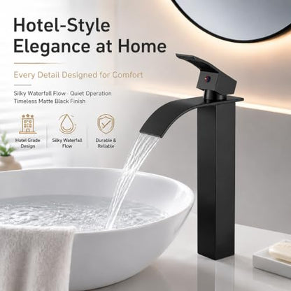 VOTON Vessel Sink Faucet Matte Black Modern Tall Waterfall Bathroom Sink Faucet with Pop-Up Drain Single Handle Bathroom Faucet 1 Hole Bowl Lavatory Vanity Faucet, Rv Sink Camper Farmhouse Faucet - color: Matte Black, size: Tall